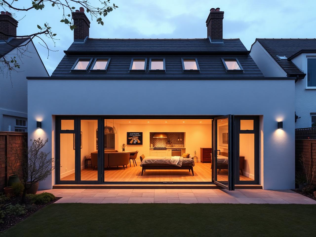Single-storey rear home extension Dublin with bifold doors and rooflights by RSM Construction
