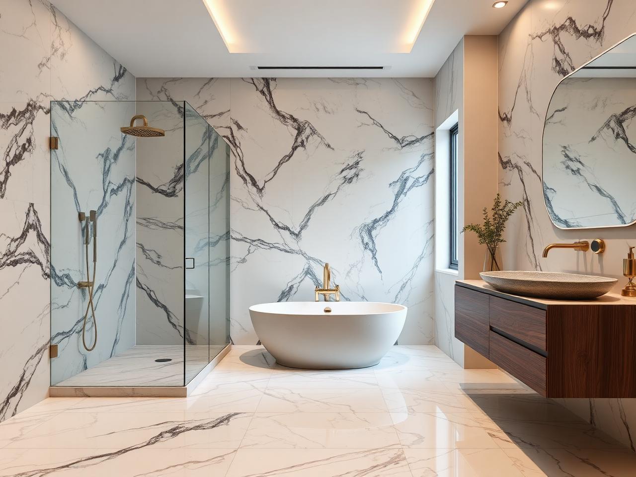 Luxury marble bathroom renovation in Dublin with walk-in shower and freestanding bath by RSM Construction