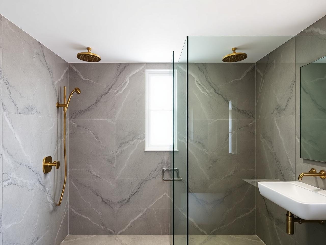 Luxury double walk-in shower installation Dublin with marble and brass rainfall heads by RSM Construction
