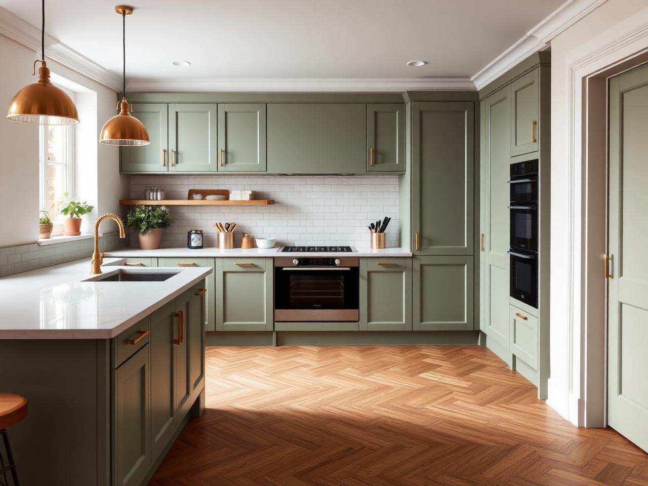 Sage green Scandinavian shaker kitchen renovation in Dublin with quartz worktops by RSM Construction