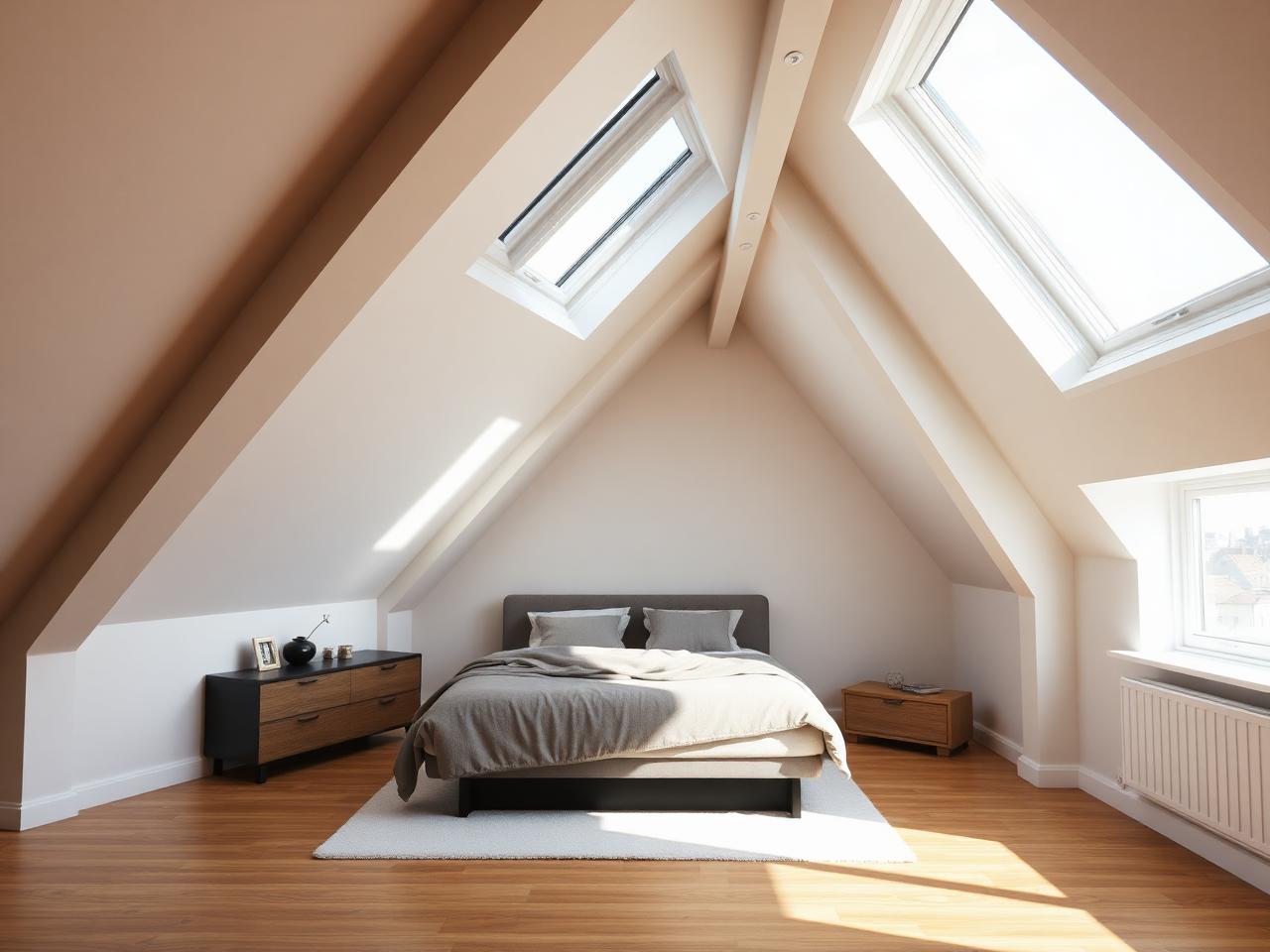 Attic bedroom conversion Dublin with vaulted ceiling and twin Velux skylights by RSM Construction
