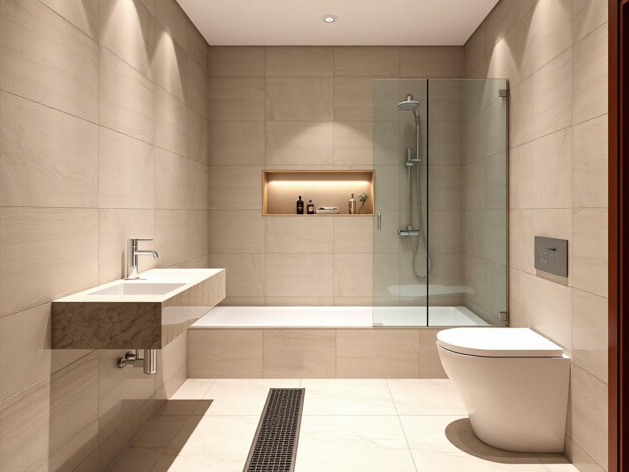 Wet room installation Dublin with linear drain and integrated stone bench by RSM Construction