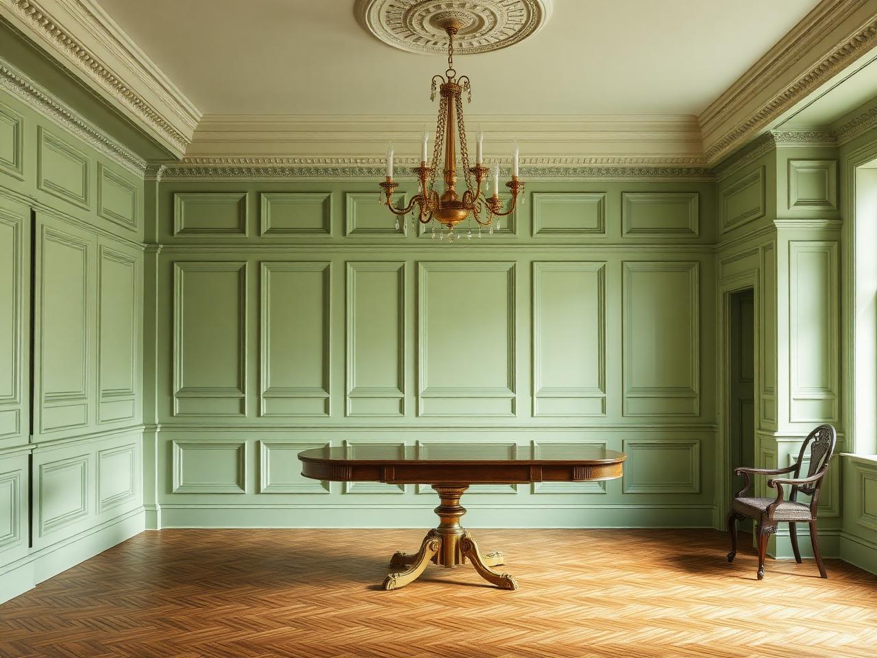 Sage green raised box wall panelling Edwardian dining room Dublin by RSM Construction