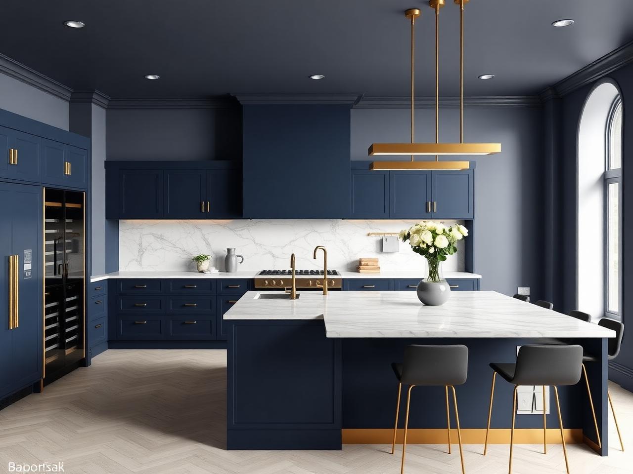 Navy and marble luxury kitchen renovation Dublin with brass trim and island by RSM Construction