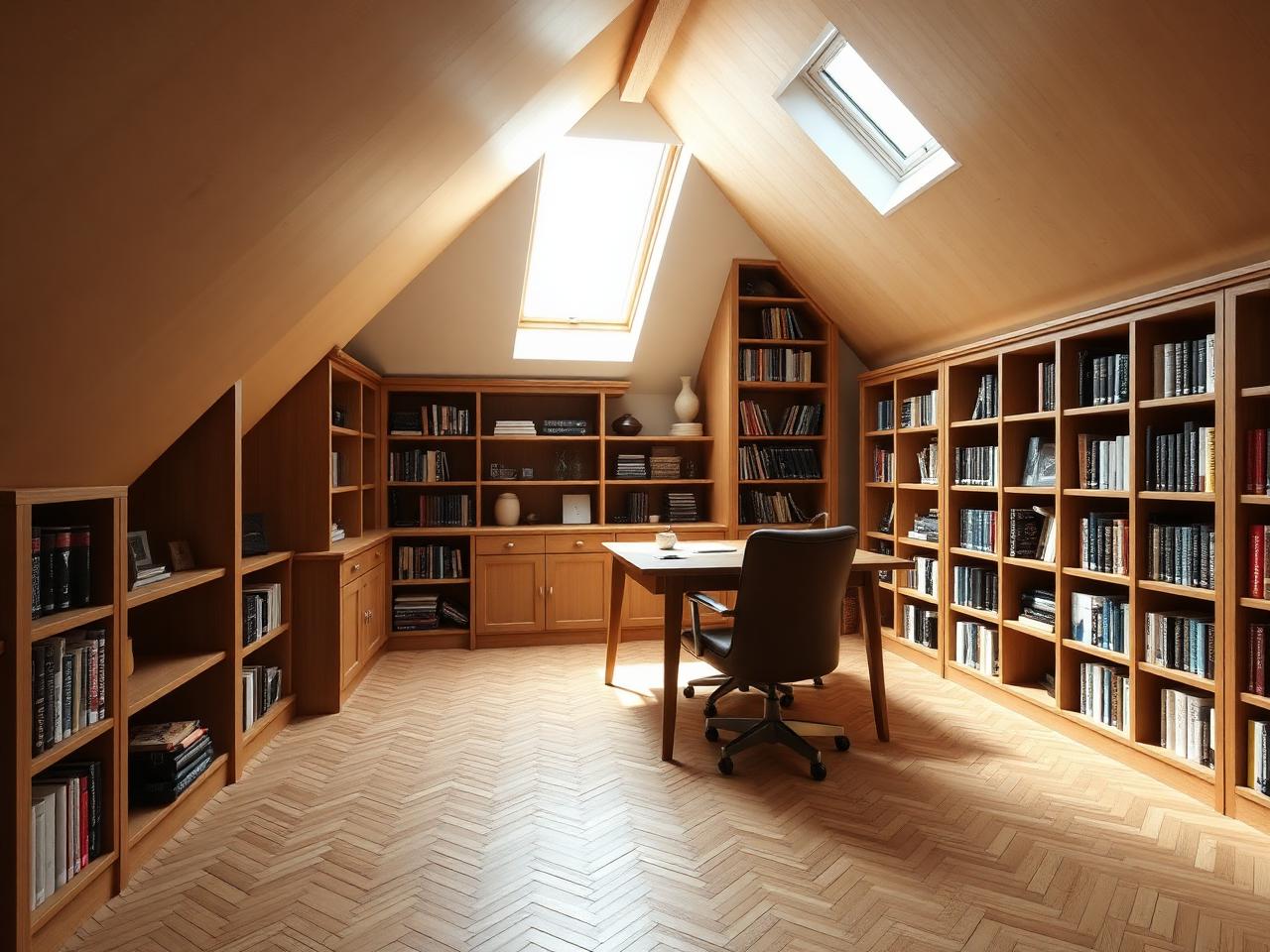 Attic home office library conversion Dublin with built-in oak shelving by RSM Construction