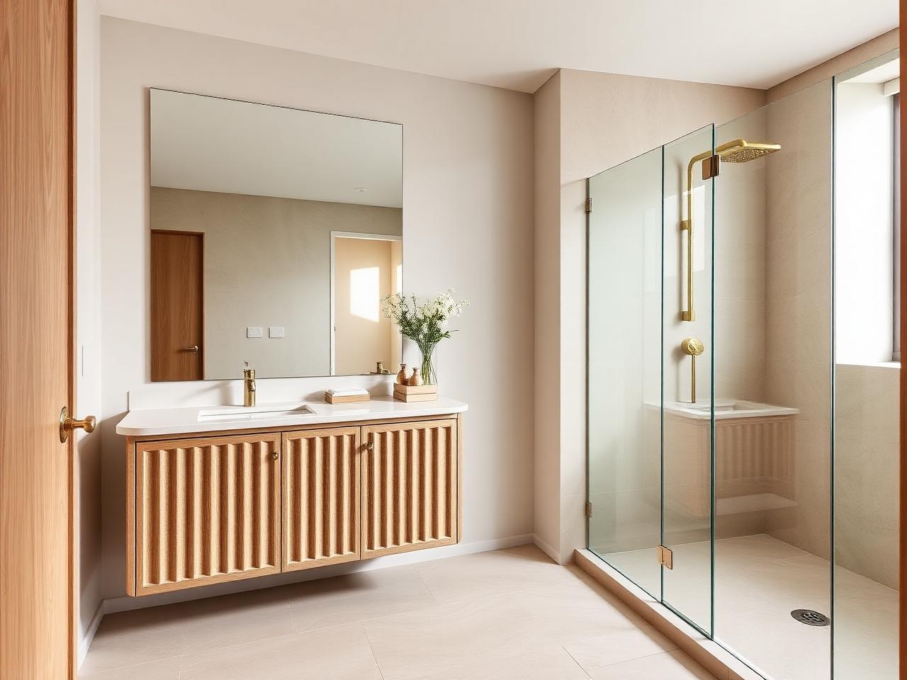 Modern ensuite bathroom renovation Dublin with fluted oak vanity and brass fittings by RSM Construction