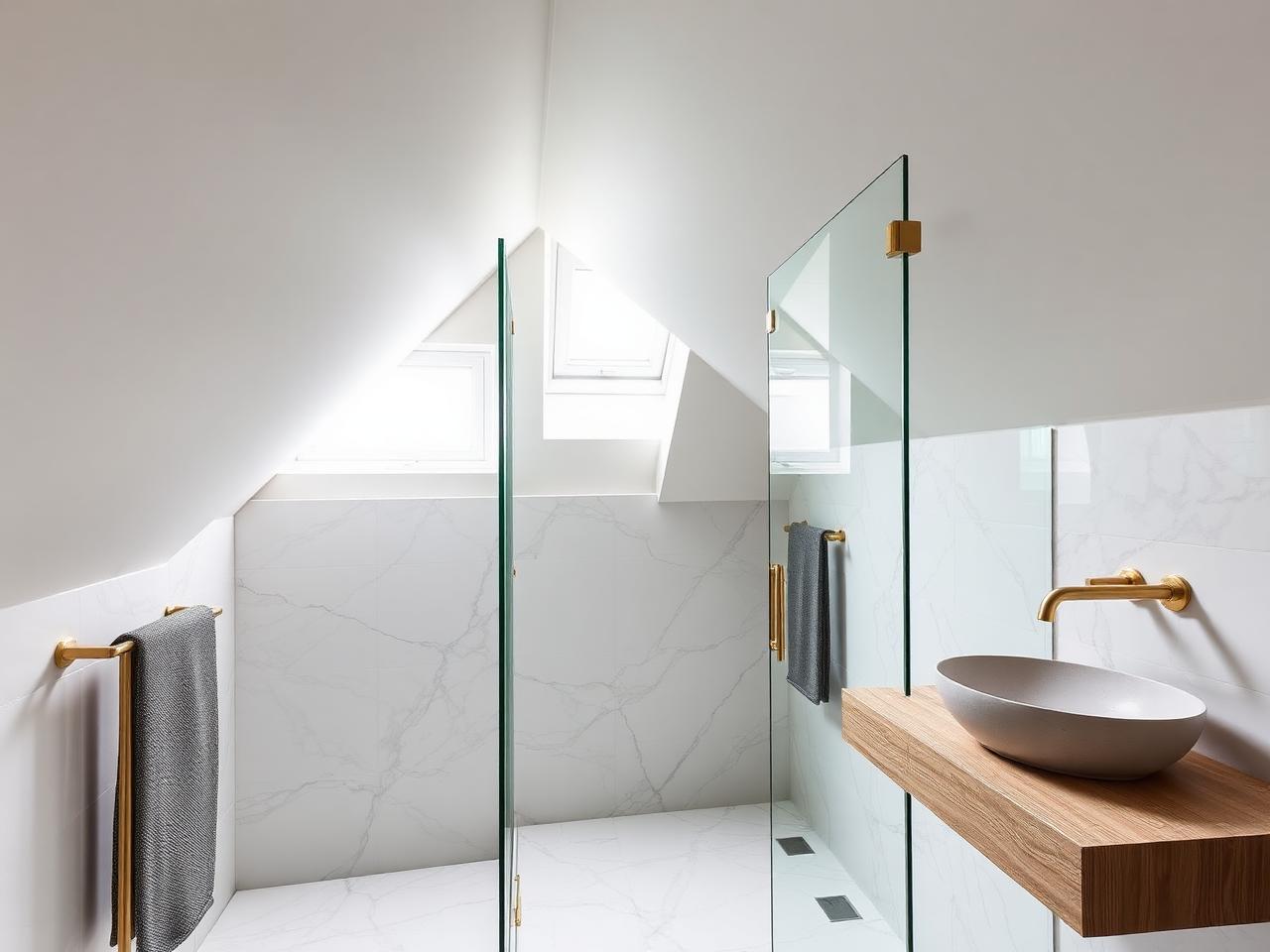 Attic ensuite bathroom conversion Dublin with marble tiles and brass fittings by RSM Construction