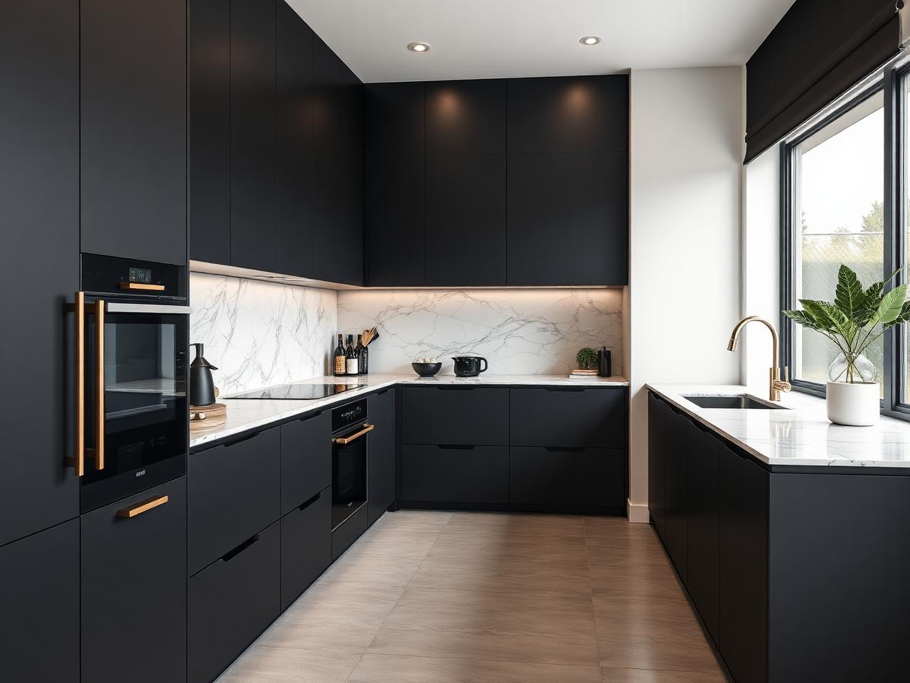 Matte black handleless kitchen renovation Dublin apartment with marble splashback by RSM Construction