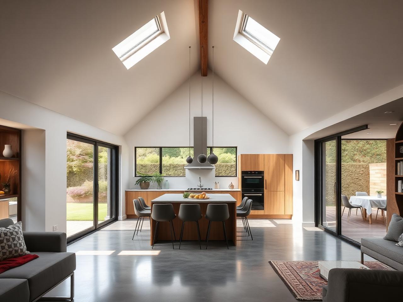Vaulted open-plan kitchen-living extension Dublin with sliding doors and rooflight by RSM Construction