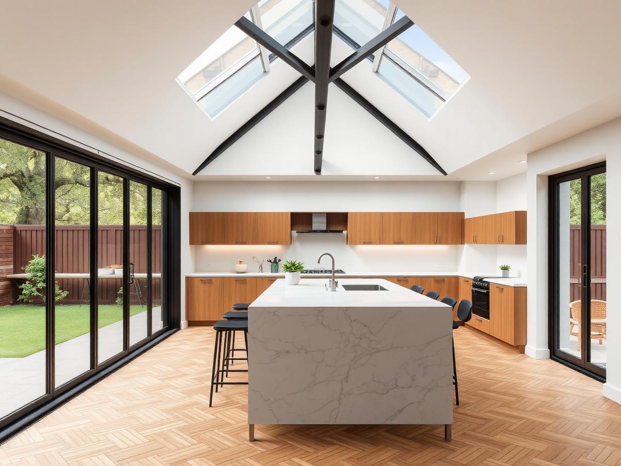 Wraparound kitchen extension Dublin with steel beam and full-height glazing by RSM Construction