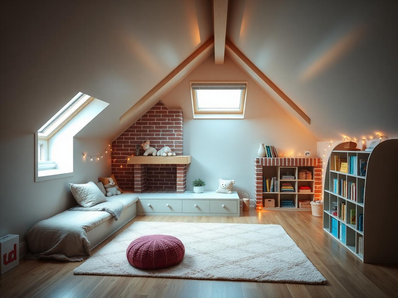 Attic playroom conversion Dublin with brick chimney feature and window seat by RSM Construction
