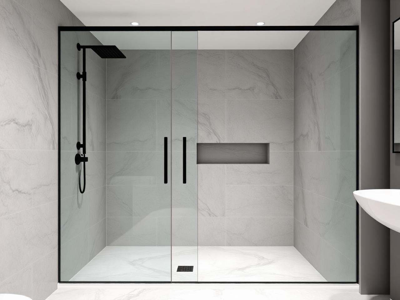 Walk-in marble shower bathroom renovation Dublin with linear drain and frameless glass by RSM Construction