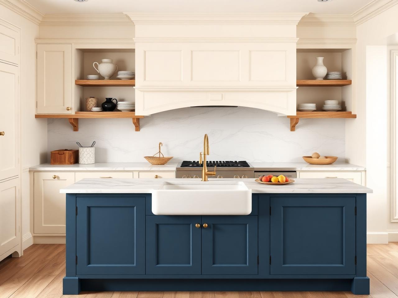 Classic shaker kitchen renovation Dublin with butler sink and blue island by RSM Construction