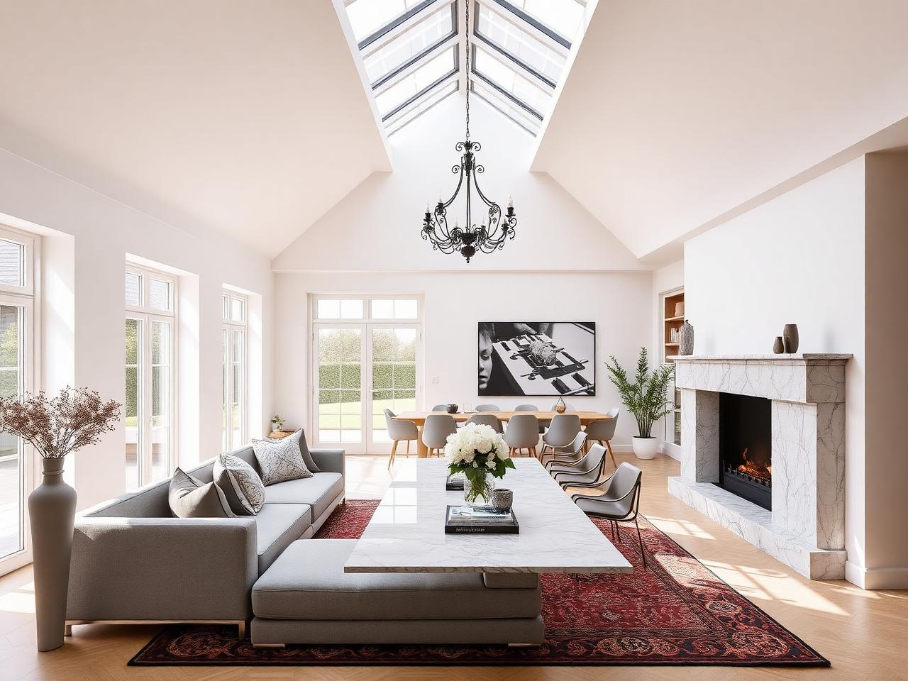 Open-plan living and dining home extension Dublin with marble fireplace and rooflight by RSM Construction
