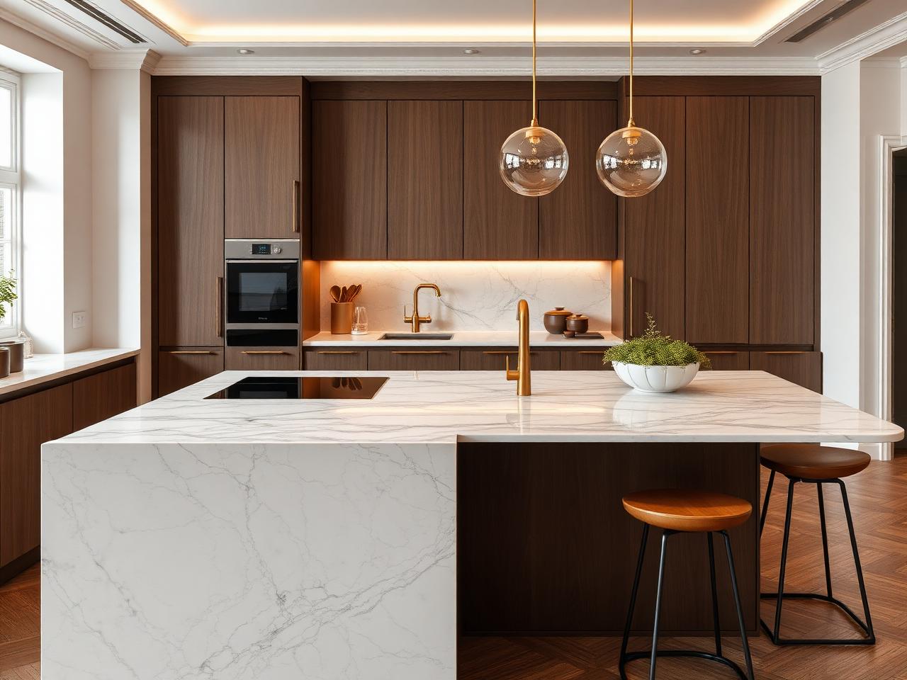 Walnut luxury kitchen renovation Dublin with waterfall marble island and brass pendants by RSM Construction
