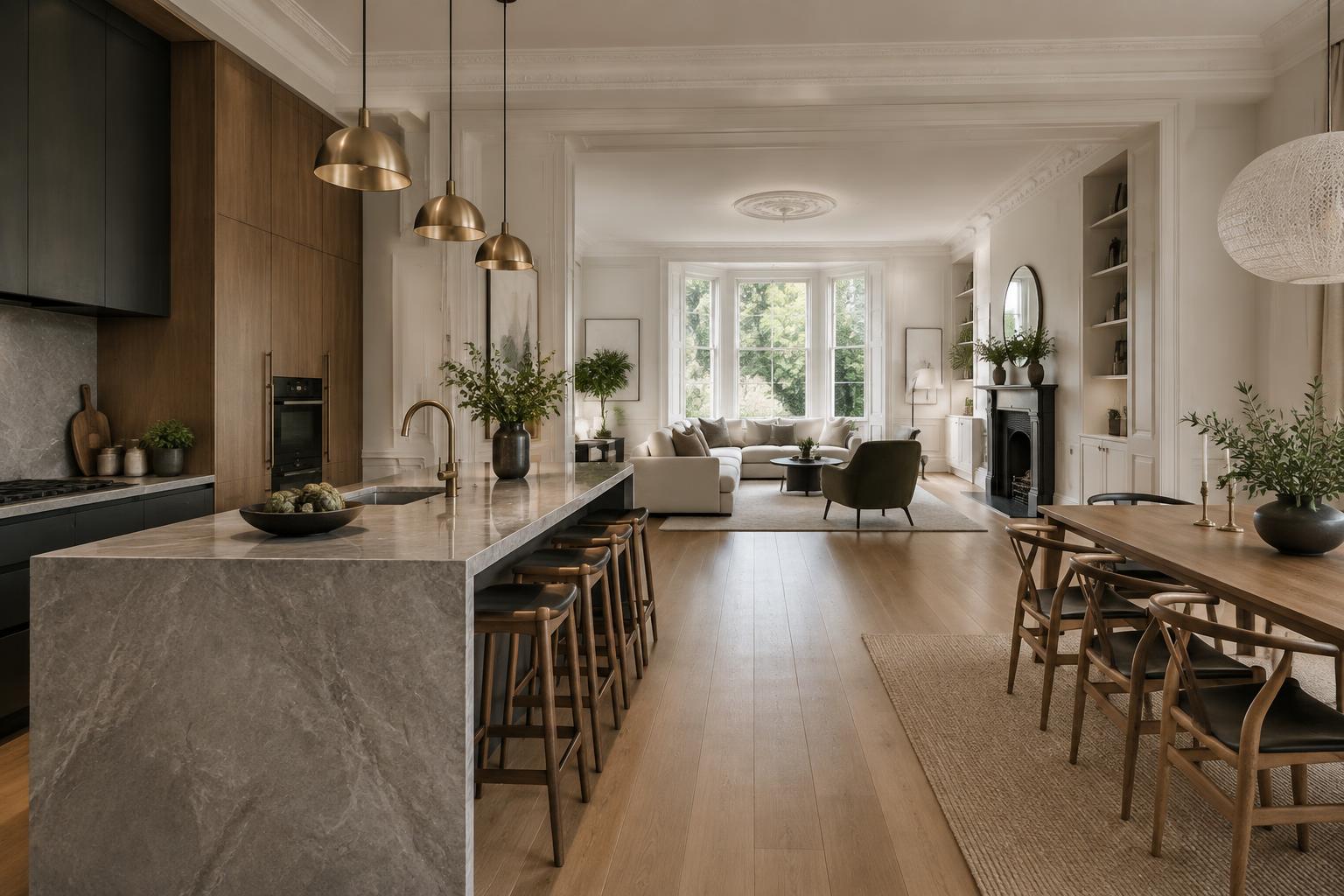 Completed open-plan kitchen and living space following a full home refurbishment