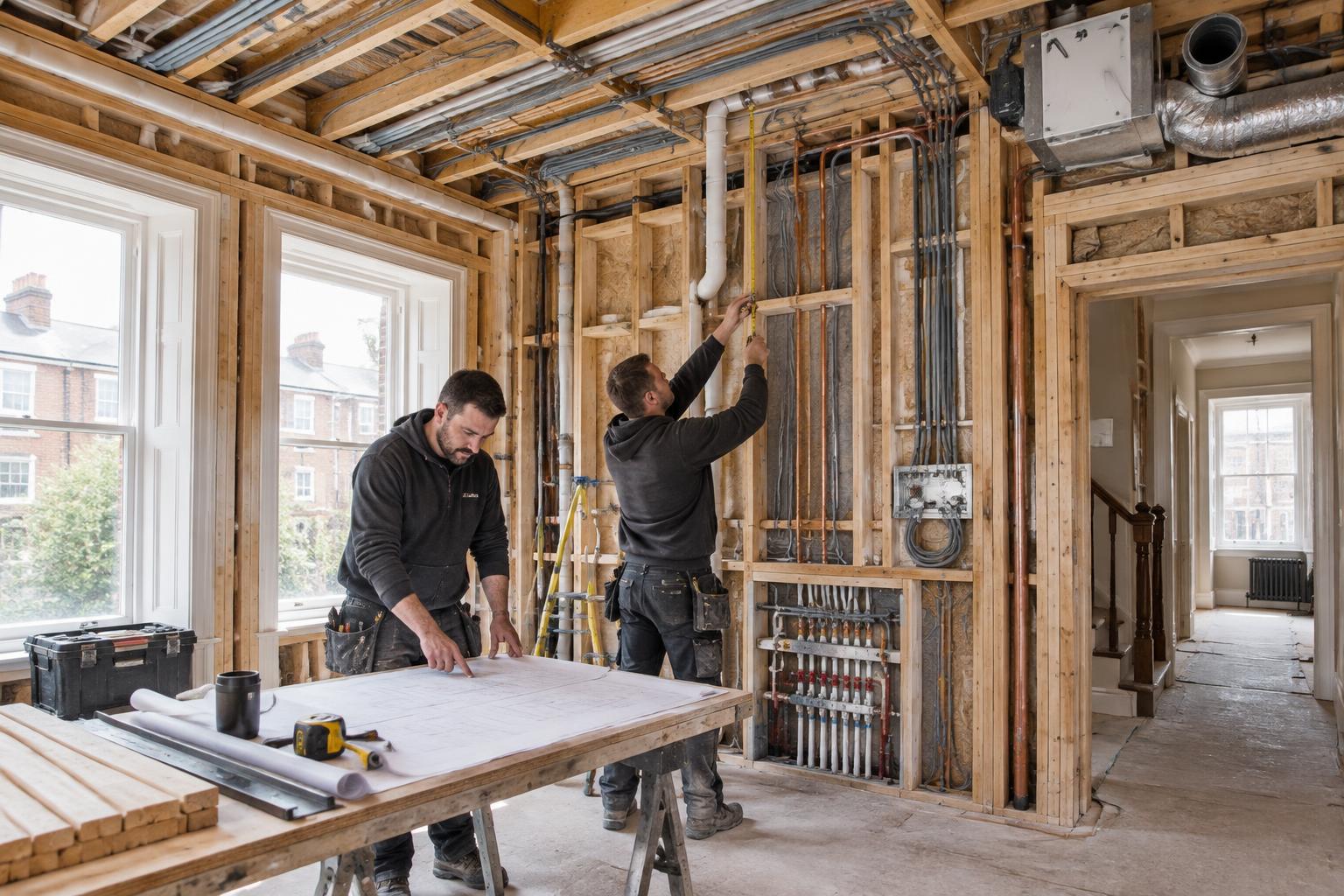Electric and plumbing services coordinated during first-fix work in a Dublin home renovation