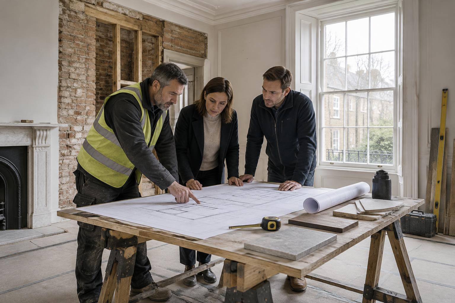 Renovation team reviewing architectural plans inside a partially renovated Dublin period home