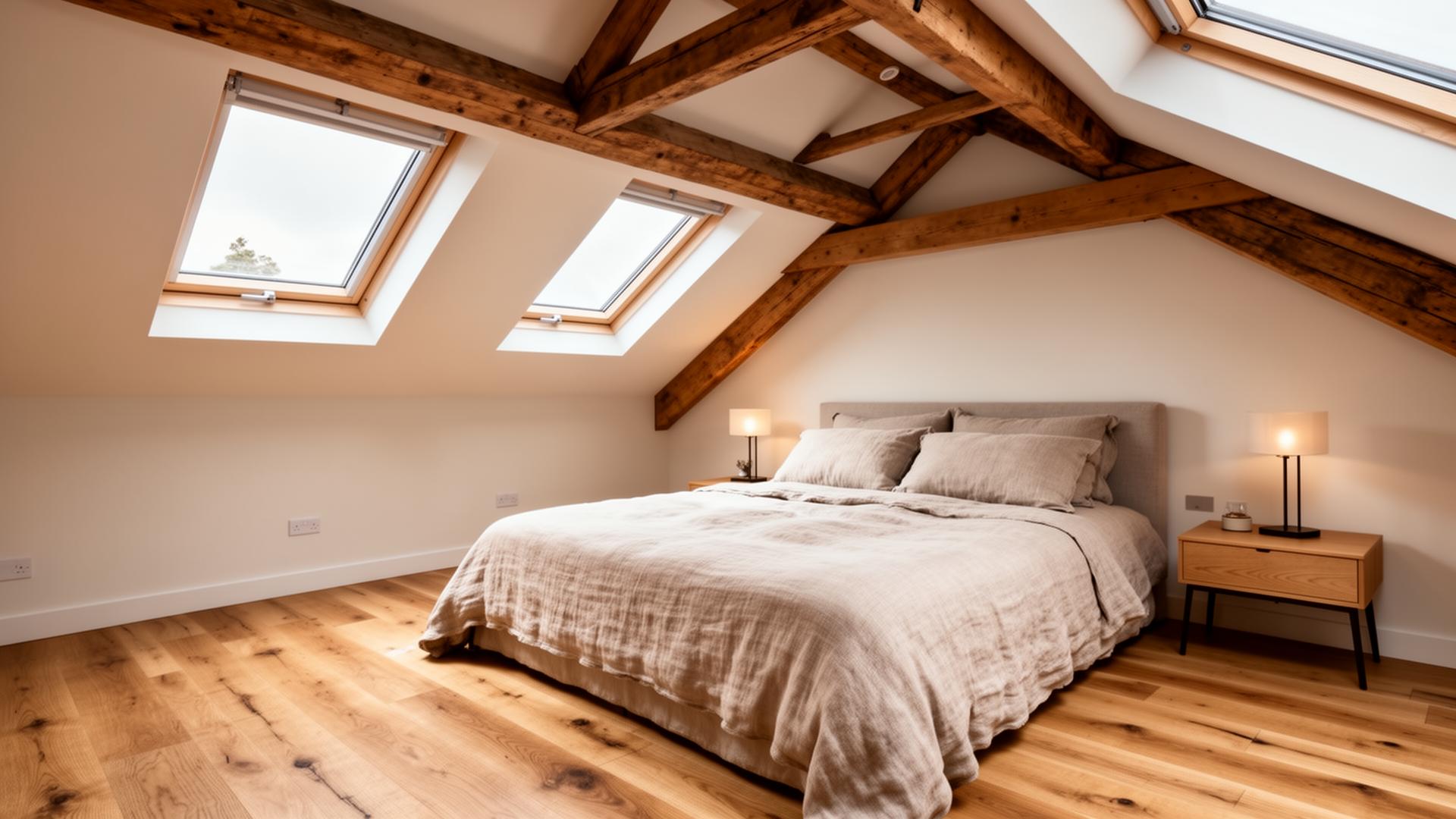 Modern attic conversion Dublin — Velux skylights, exposed timber beams and oak flooring