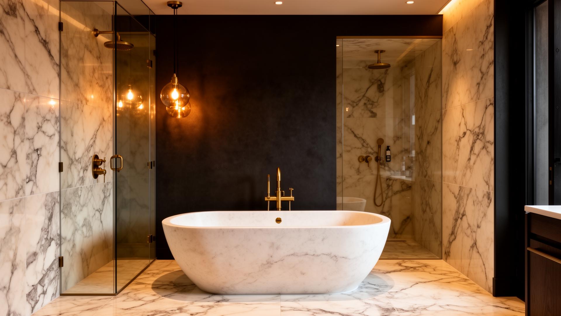 Luxury bathroom renovation Dublin — premium marble tiles, freestanding bath and walk-in shower