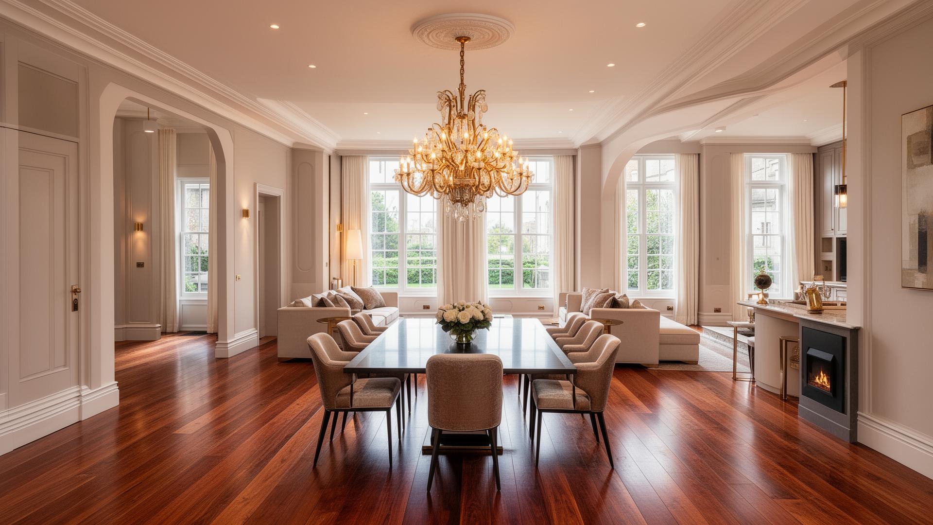 Complete house renovation Dublin — refined open-plan interior with chandelier and rich timber floors
