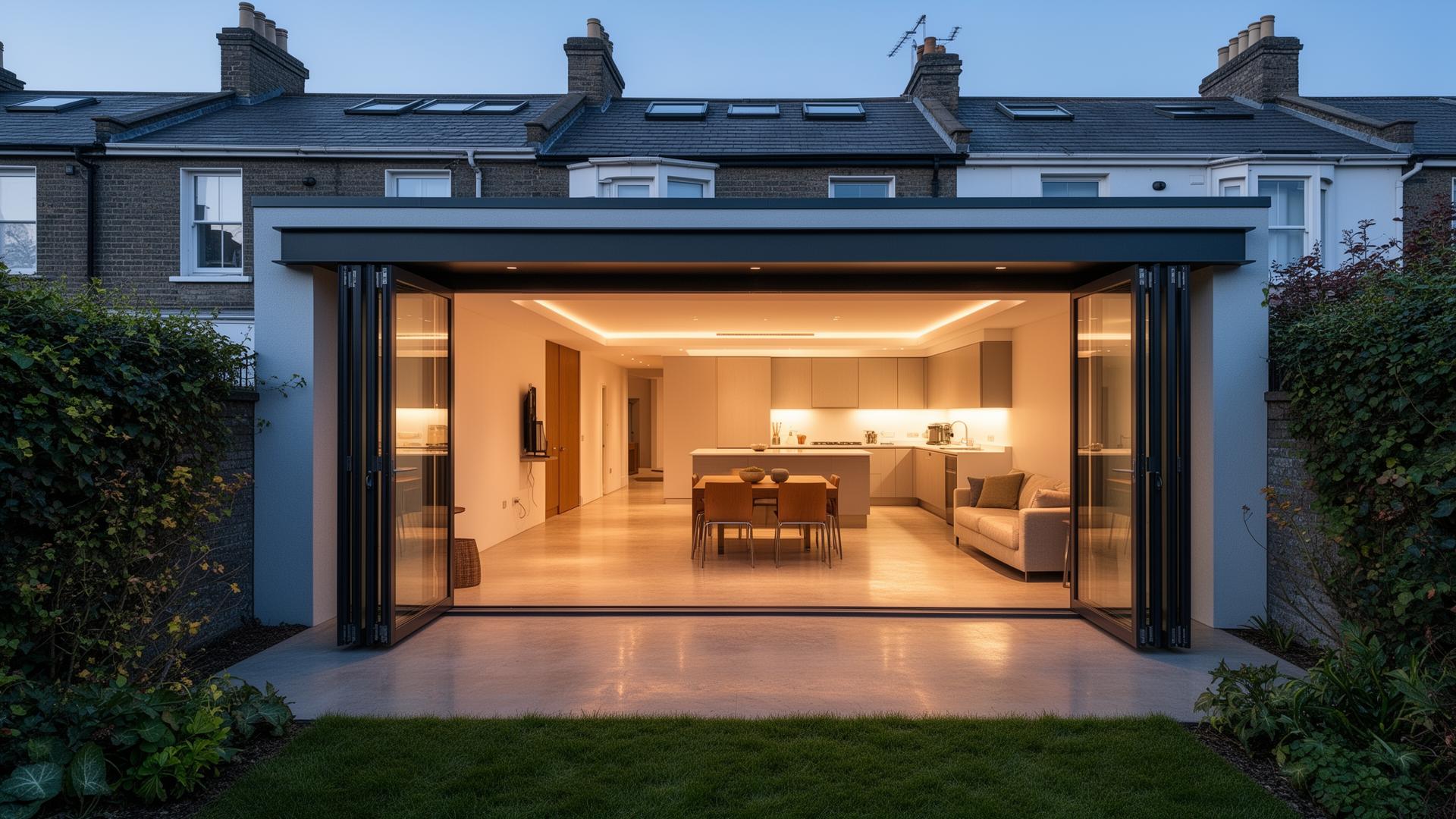 Contemporary home extension Dublin — glass bi-fold doors and open-plan living space