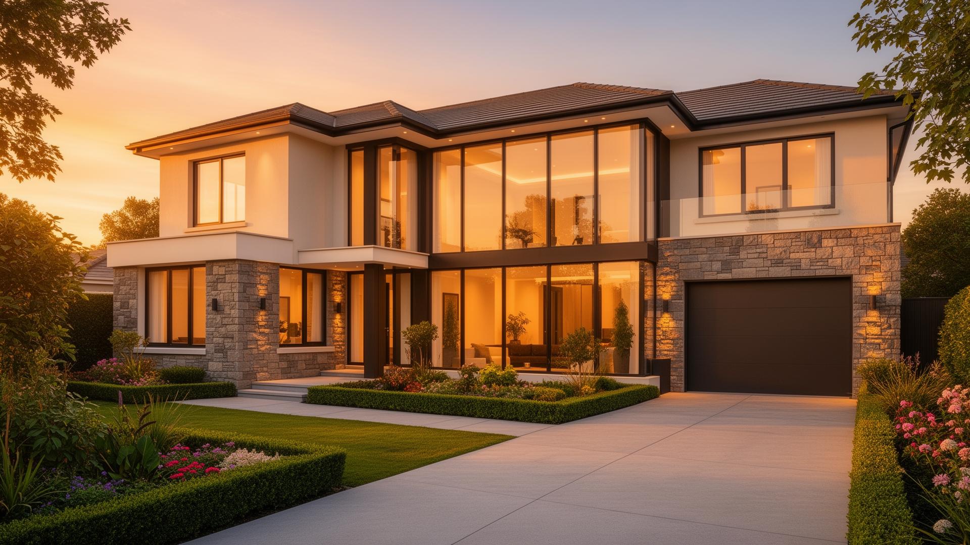 New luxury house build Dublin — modern architecture with large windows at golden hour