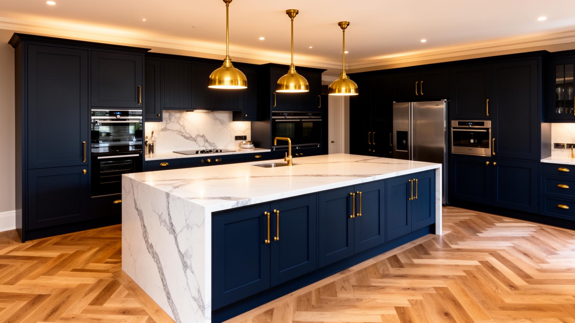 Luxury kitchen renovation Dublin — quartz island, navy shaker cabinetry and brass pendant lighting