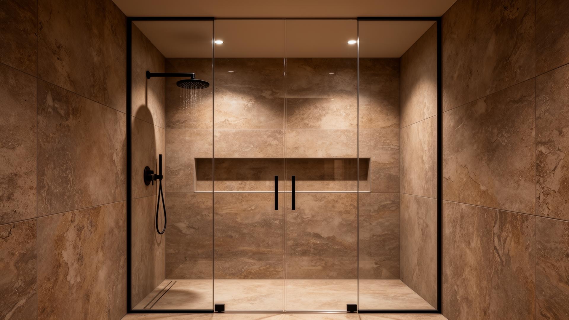 Spa-style walk-in shower installation Dublin — frameless glass enclosure and rainfall shower head