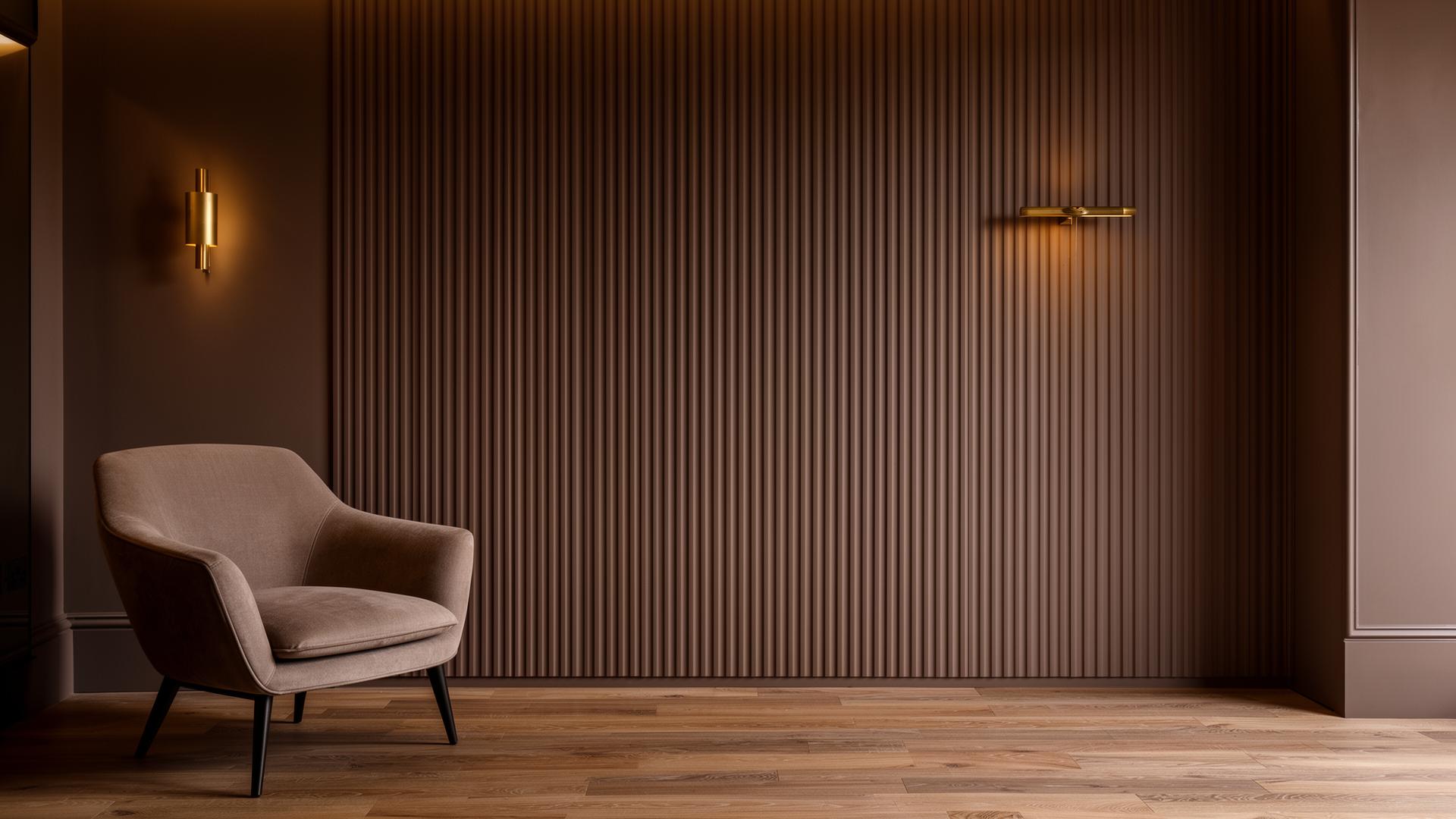 Elegant wall panelling Dublin — fluted timber paneling in a sophisticated warm-toned interior